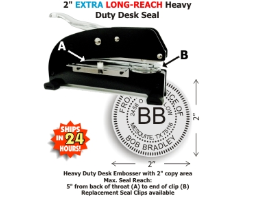 Our heaviest duty Desk Style Extra Long-Reach Embossing seal with online customization.  2in. diameter die plates.  Extremely heavy guage metal and sturdy rubber feet provide a superior platform for high volume embossing jobs.