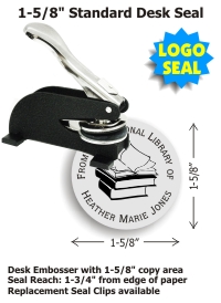 Shiny brand 1-5/8in. diameter DESK Style LOGO Embossing seal. Use preformated message lines or create your own. Choose one of our stock logo images or let us add your custom logo for an additional $40. No charge for preproduction email proof.