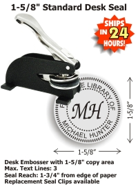 Our latest Shiny Desk Style Embossing seal with a unique Monogram/Address design.  (1-5/8in. diameter die plates)   Standard throat allows for an impression reach up to 1-3/4in. from edge of paper.  Normal production time is 24 - 48 hours