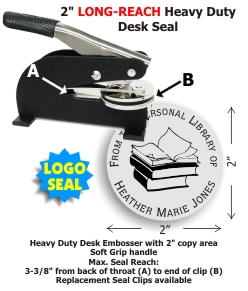 2in. Diameter Heavy Duty Long-Reach Desk Style Embossing seal from Shiny® USA.  This model includes your choice of 15 message lines and 10 stock LOGO images.  Extremely heavy guage metal and sturdy rubber feet provide a superior platform for high volume e