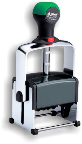 Shiny® Model 6104 Heavy Metal line 1in. X 2-3/16in. Self-inking Dater.  80% metal. 20% plastic. 100% rock solid! Green handles made with PET (recycled) plastic and now include built-in NTbac fungistatic agent.
