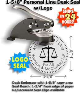 Our latest Shiny Desk Style Embossing seal with Scales of Justice logo.  (1-5/8in. diameter die plates)   Standard throat allows for an impression reach up to 1-3/4in. from edge of paper.  Normal production time is 24 - 48 hours