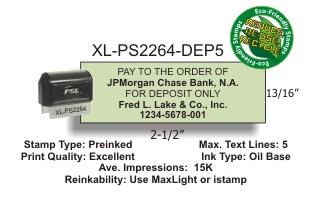Premium Selfinking stamp with a 5 line preformatted bank deposit layout.  Makes creating a bank deposit stamp easy and fast.