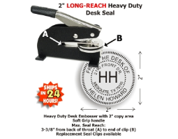 2in. Diameter Heavy Duty Long-Reach Desk Style Embossing seal from Shiny, USA with online customization. Extremely heavy guage metal and sturdy rubber feet, provides excellent leverage when embossing thicker paper. Long reach throat reaches 3-3/8".