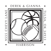 Designer Address Stamp with football, basketball and baseball.