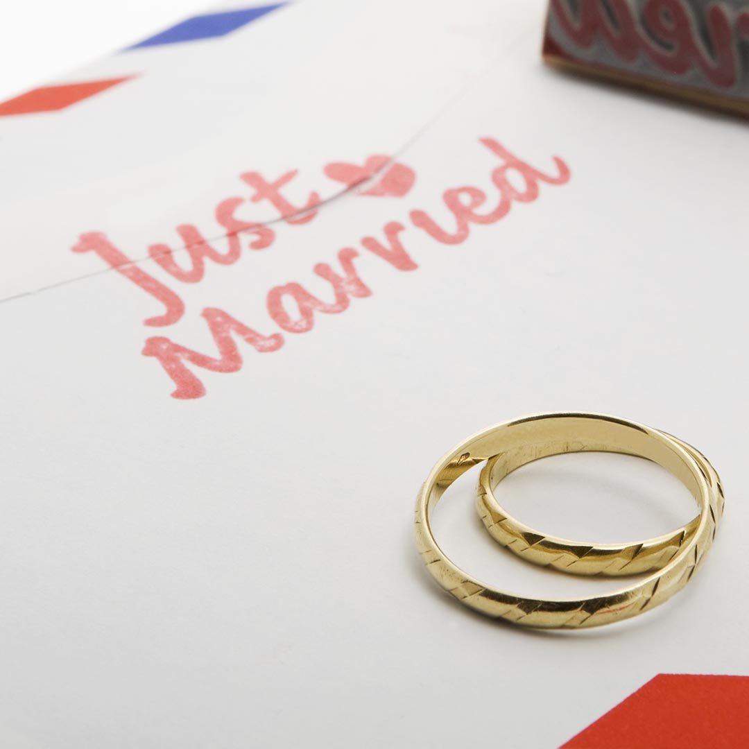 envelope with just married stamp on it