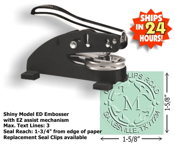 Purchase our Shiny Desk Style Embossing seal and add your own address & monogram! Customize your seal with gold seals, extra clips & more!
