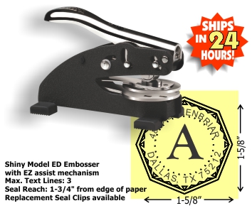 Our latest Shiny Desk Style Embossing seal with a unique Monogram/Address design.  (1-5/8in. diameter die plates)   Standard throat allows for an impression reach up to 1-3/4in. from edge of paper.  Normal production time is 24 - 48 hours