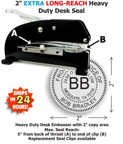 Our heaviest duty Desk Style Extra Long-Reach Embossing seal with online customization.  2in. diameter die plates.  Extremely heavy guage metal and sturdy rubber feet provide a superior platform for high volume embossing jobs.