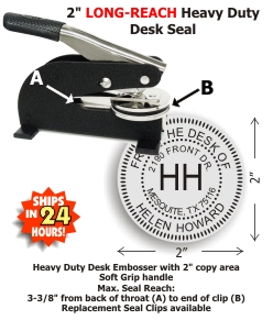 2in. Diameter Heavy Duty Long-Reach Desk Style Embossing seal from Shiny, USA with online customization. Extremely heavy guage metal and sturdy rubber feet, provides excellent leverage when embossing thicker paper. Long reach throat reaches 3-3/8".