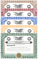Set of 20 blank Fred Lake™ Stock Certificates & blank Stub Sheets (40 sheets total).  Standard sets come loose (not bound) and prepunched with 3 holes to fit a standard 3-ring binder.
