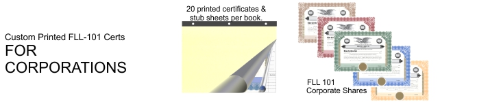 Bound and custom printed book of 20 COMMON SHARE Certificates (for Corporations) & individual Stub Sheets.