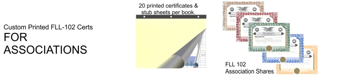 Nicely bound book of 20 Fred Lake™ ASSOCIATION SHARE Certificates & Stub Sheets (now available in 5 different border colors!), complete with 3 holes to fit a standard 3-ring binder.  Micro-perfed top edge makes removal of individual certificates neat and