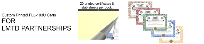 Nicely bound and custom printed book of 20 Fred Lake™ LIMITED PARTNERSHIP UNIT Certificates & Stub Sheets (now available in 5 border colors!), complete with 3 holes to fit a standard 3-ring binder.