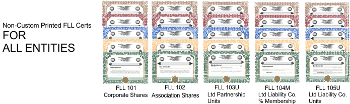 Set of 20 blank Fred Lake™ Stock Certificates & blank Stub Sheets (40 sheets total).  Standard sets come loose (not bound) and prepunched with 3 holes to fit a standard 3-ring binder.