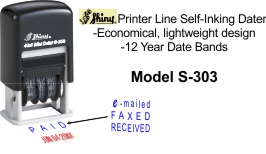 Shiny® S-303 4 in 1 Mini Dater. Printer line mini date stamp with 4 interchangeable rubber text dies.(1)PAID, (2)RECEIVED, (3)FAXED or (4)e-mailed