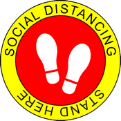 Full color repositionable floor decals for Social Distancing; Stand Here text in red, yellow and black, 10" diameter